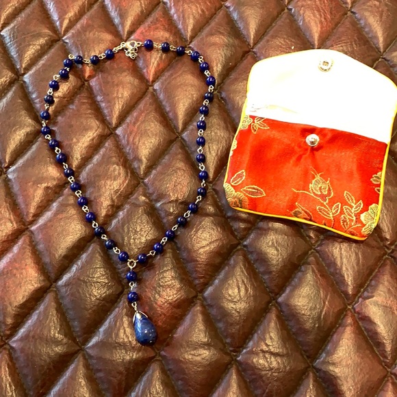 NWT Lapis Lazuli Beaded lariat style necklace in silver tone 18” 92ctw - Picture 1 of 2